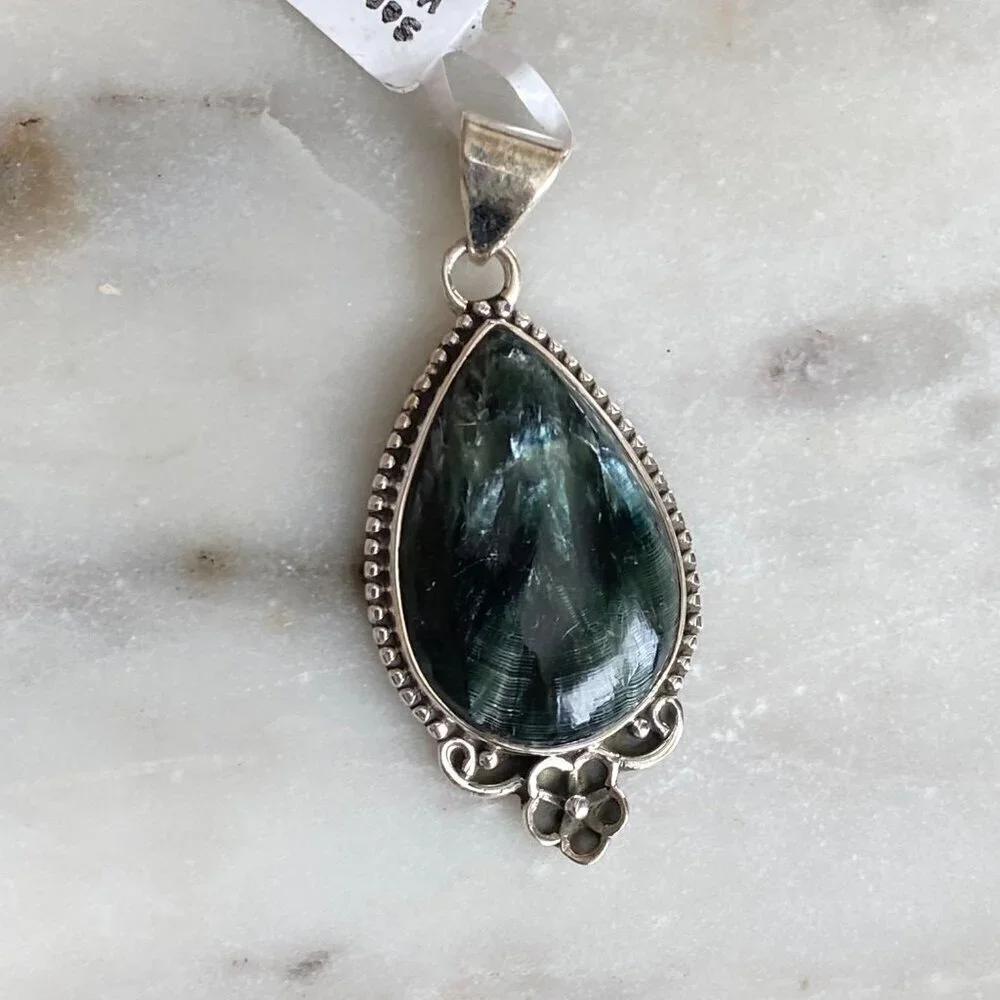 NEW Seraphinite and Beaded Silver Pendant
